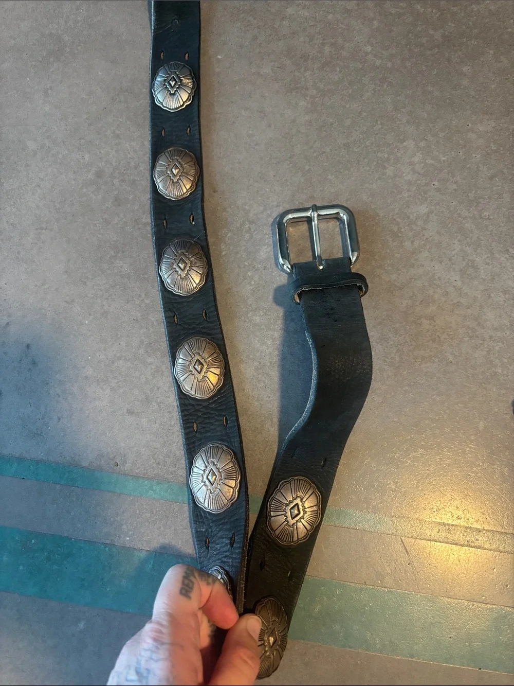 Black Leather Concho Belt with Silver Accents